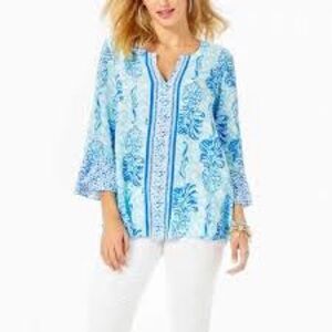 Lilly Pulitzer Blue Tropical Print Rayon Tunic Top Size Small